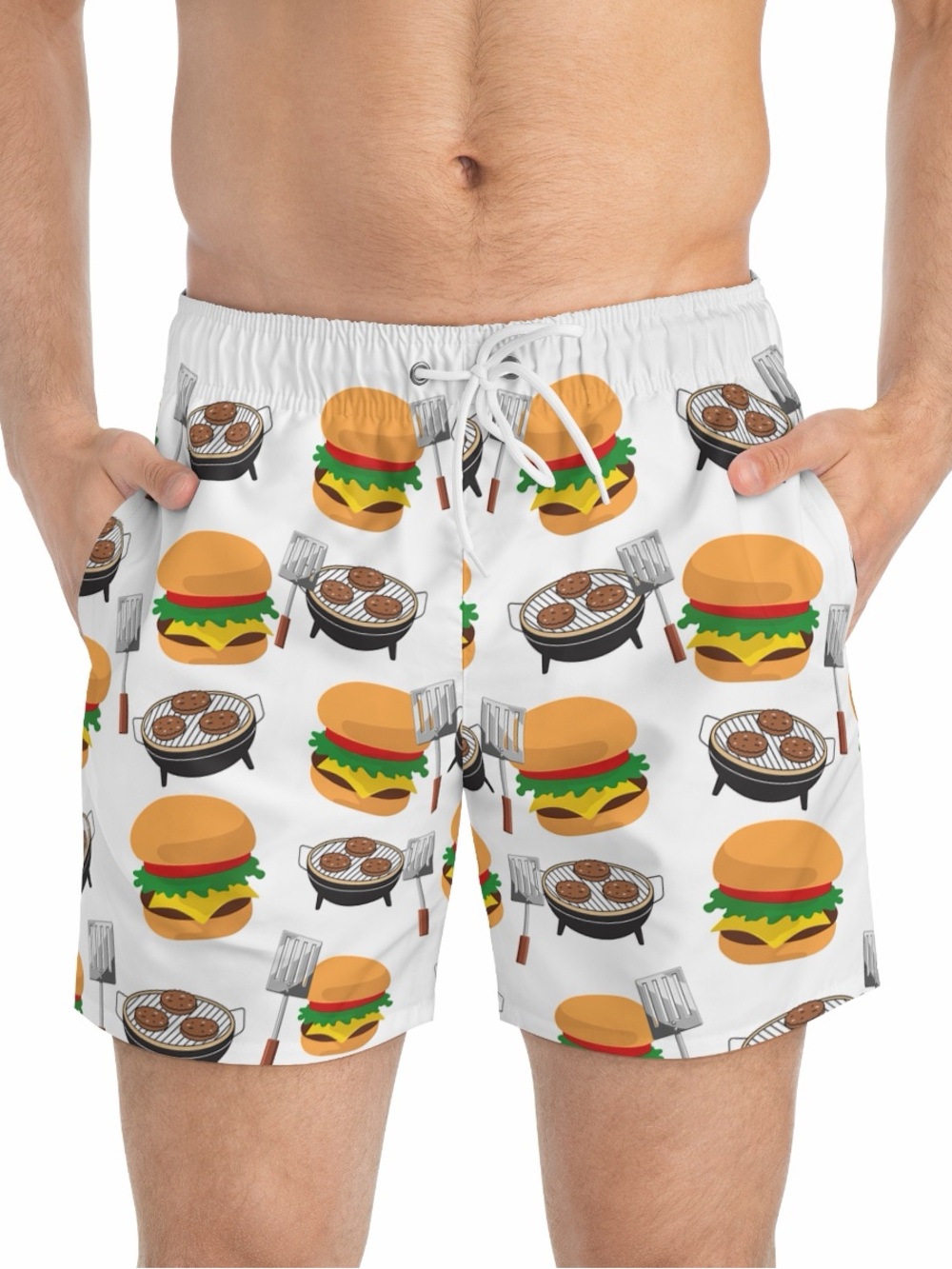 Men's White Burger & Grill Print Swim Trunks